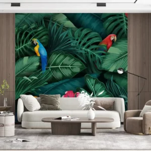 Greenish jungle and tropical parrots Wallpaper