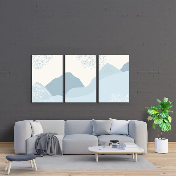 Blue Mountains Abstract modern Wall Art Set of 3 canvas stretch
