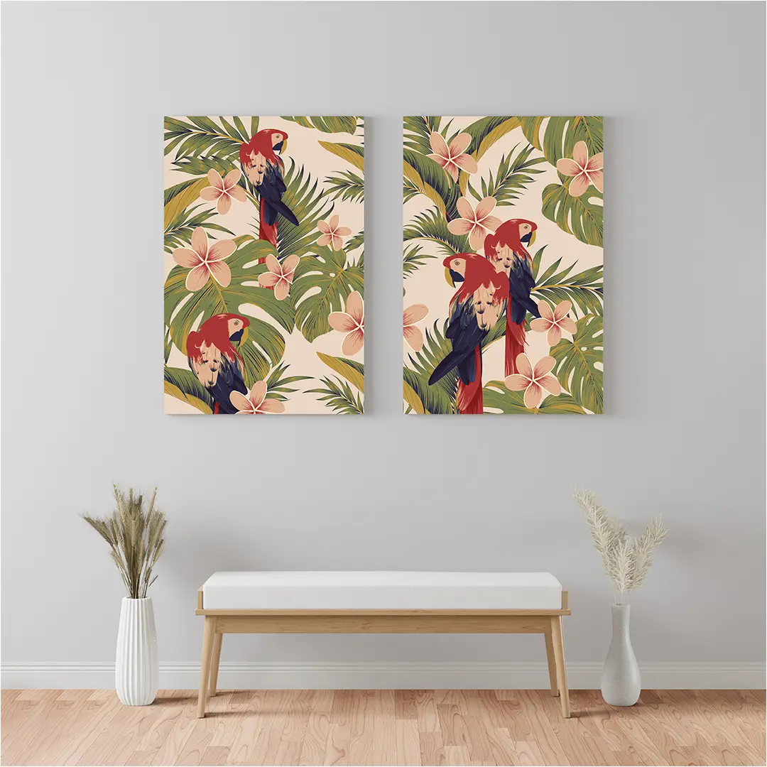 Tropical Parrots Modern wall Art Set of 2 Canvas Stretch